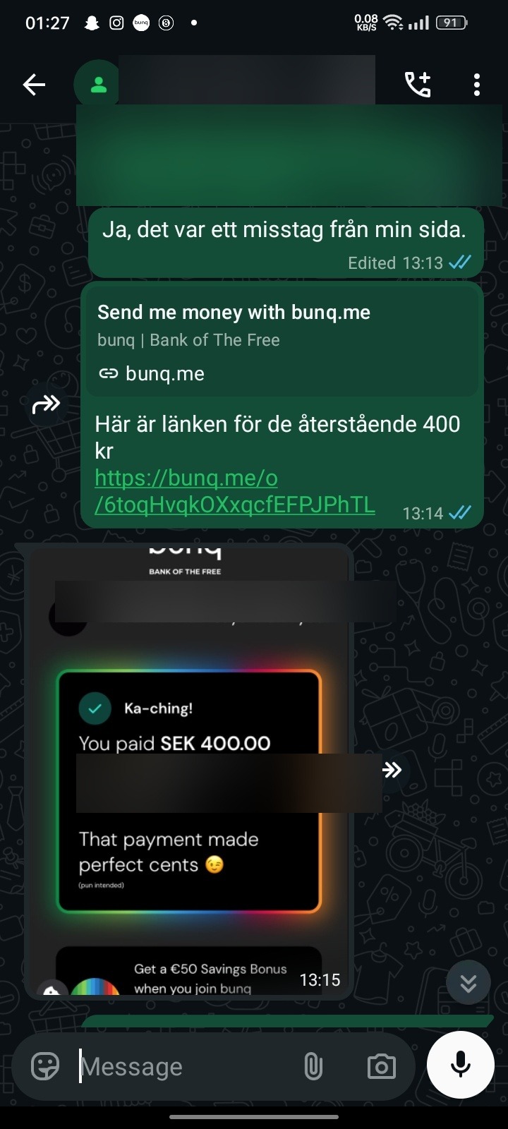 Betalningsbevis 400 kr Bunq kortbetalning